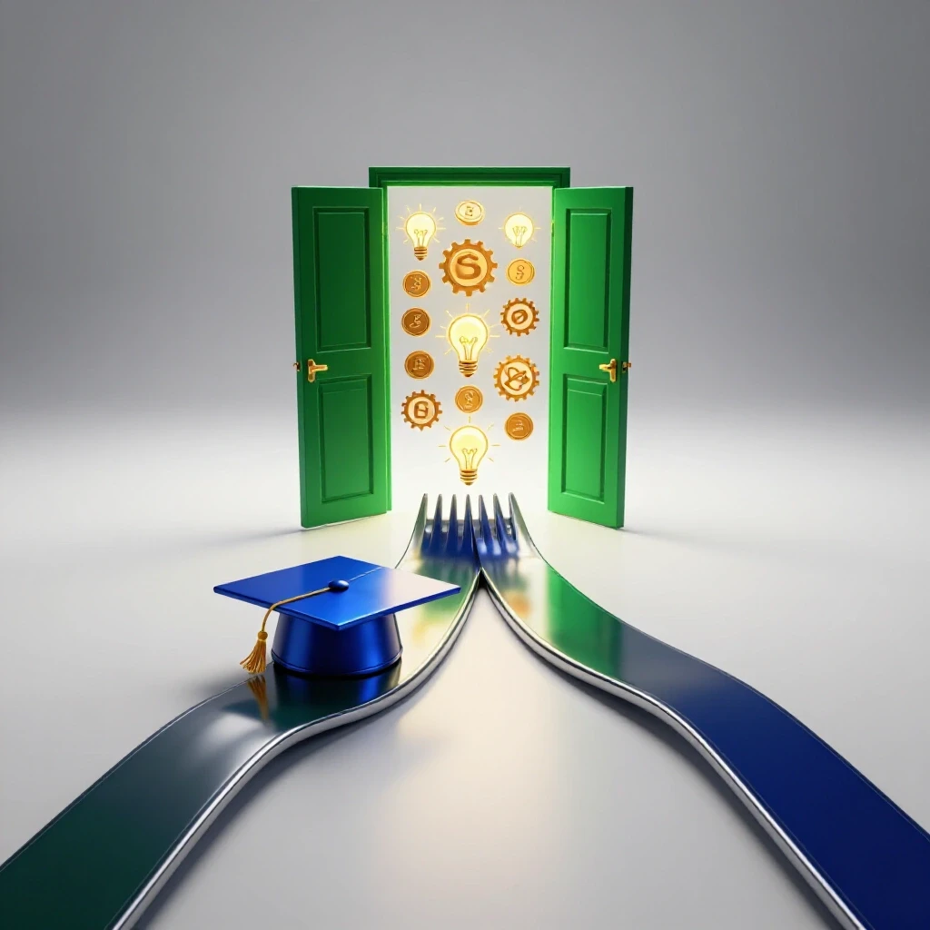 A forked path with a glossy graduation cap on one side and a glowing open door with opportunity symbols on the other, set against a bright white background.