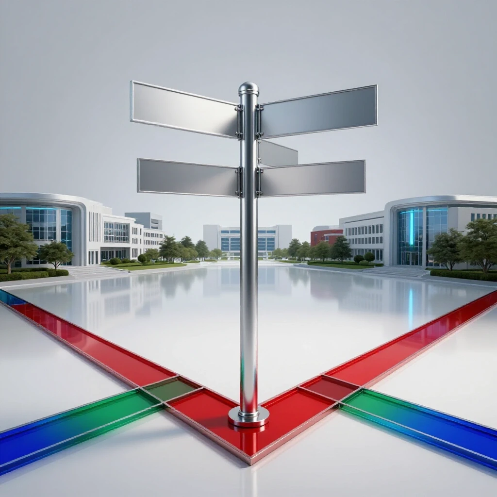Glossy signpost at a crossroads with vivid, colored paths leading toward modern universities on a bright background.