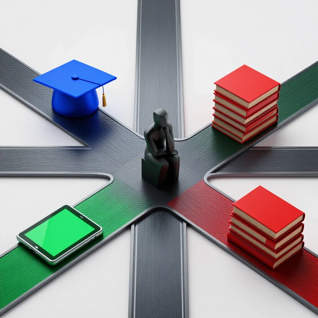 Intersecting academic paths with symbolic bold-colored objects at a crossroads, emphasizing educational choices