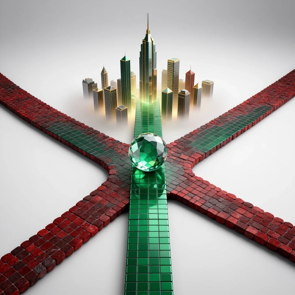 Vivid crossroads scene with glowing city skyline and fading path symbolizing career advancement choices