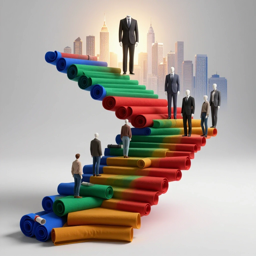 A staircase made of colorful diplomas ascends toward a glowing city skyline, with attire transforming from casual to executive at each step.