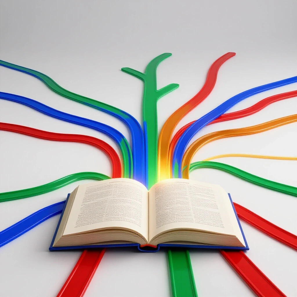 An open book at the center with vibrant colored paths branching out on a bright white background.