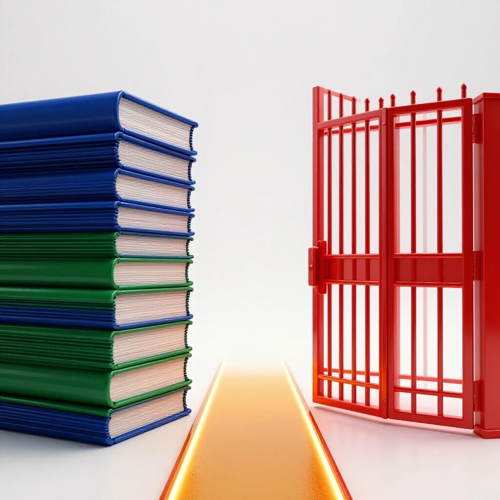 Glossy blue and green stacks of academic papers beside a glowing path leading to a crimson university gate.