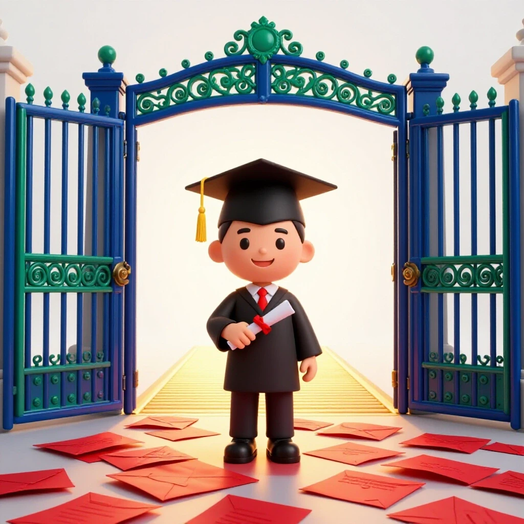 A graduation cap and degree scroll at a closed ornate gate with rejected letters scattered below, sunlit path ahead.