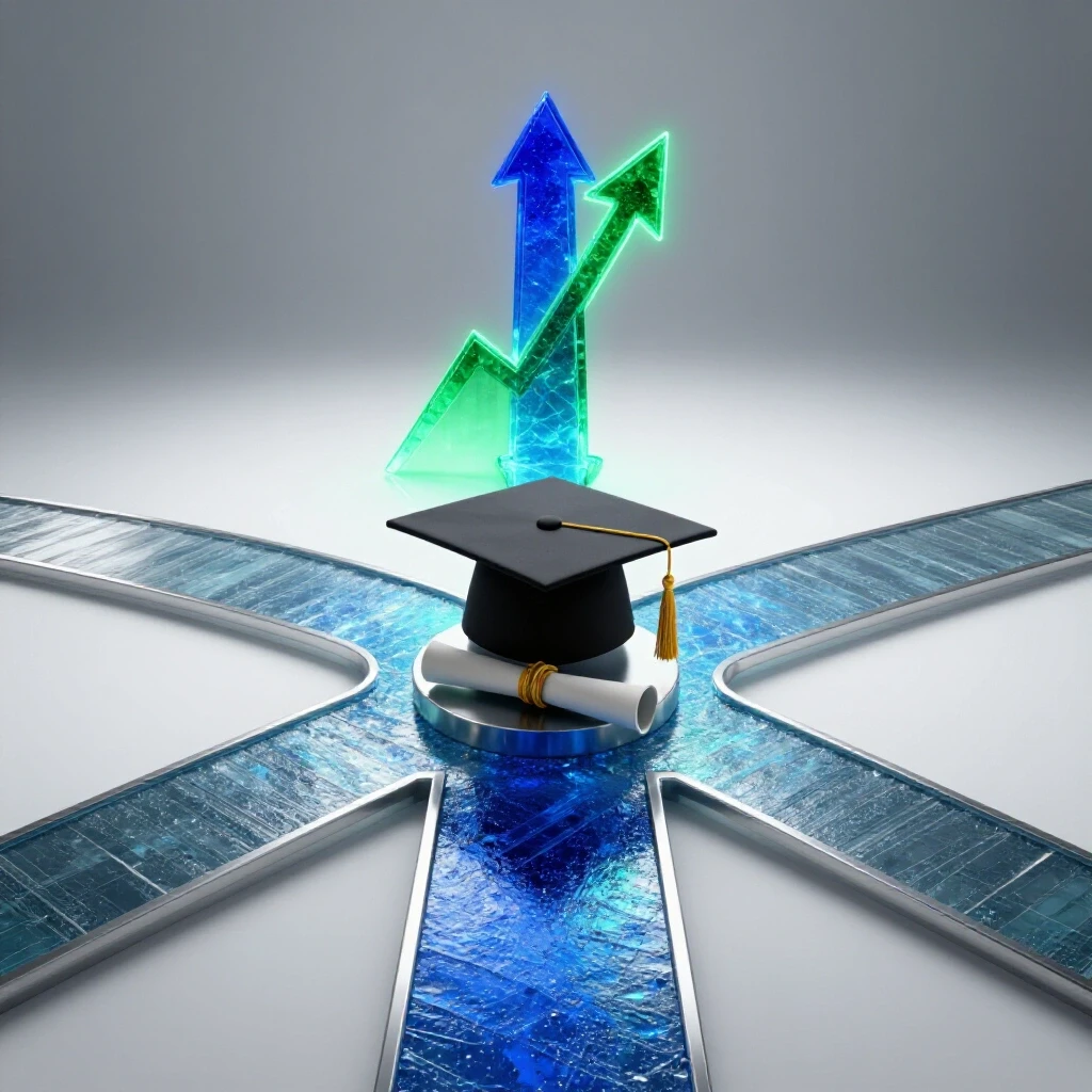 Graduation cap and diploma at a crossroads with one path leading to an ascending graph, another fading away, in a bright studio.