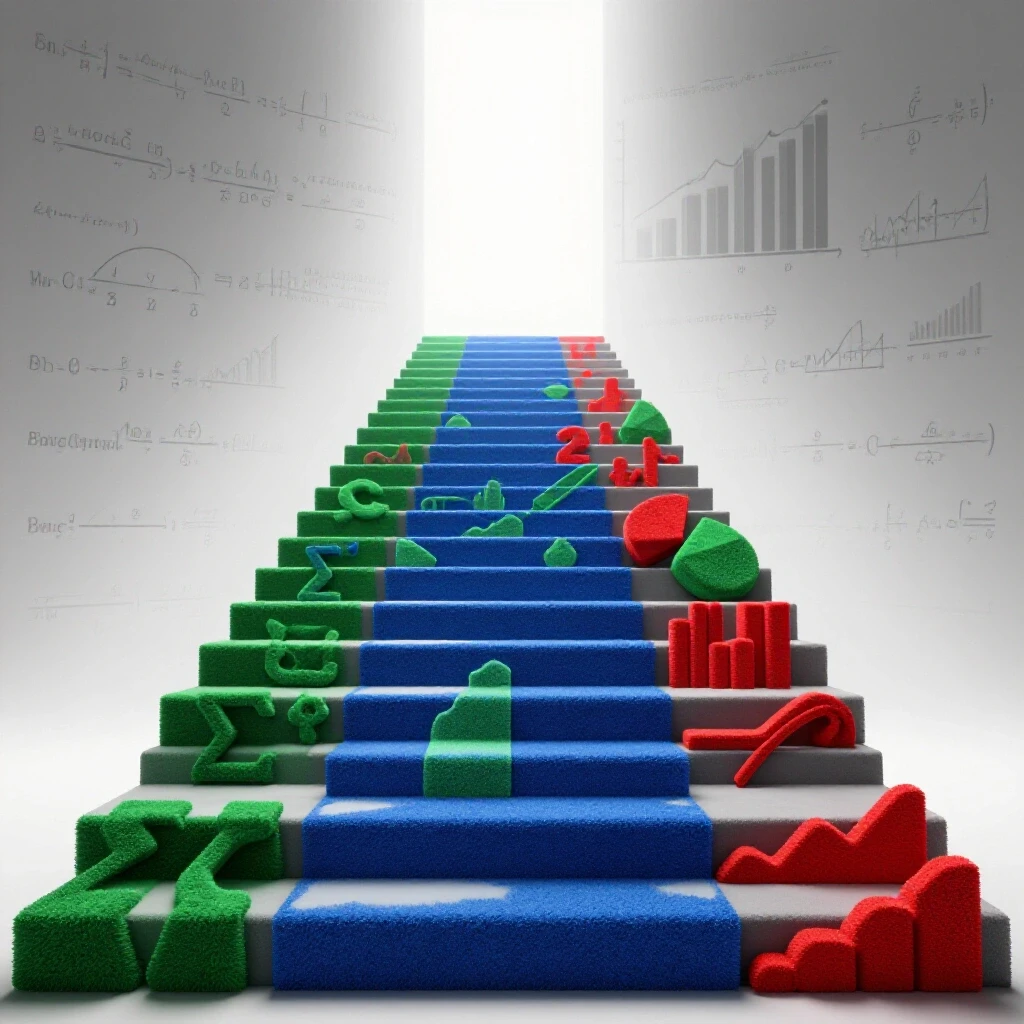 A staircase built from colorful statistical symbols and graphs ascends toward light, with equation shadows fading in the background.