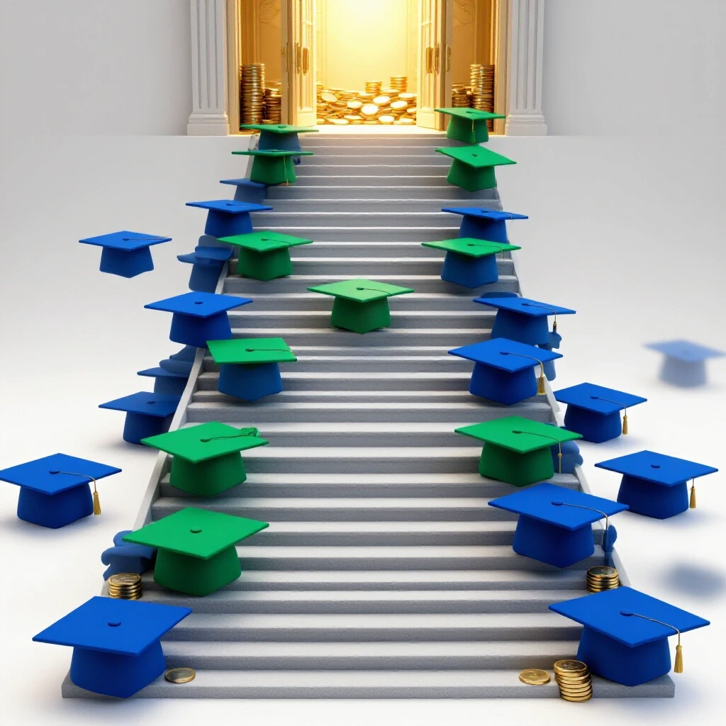 Winding staircase of glossy graduation caps leading to a glowing vault of coins, symbolizing student loan repayment challenges.