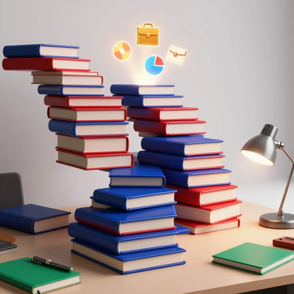 A staircase of vibrant, glossy books ascends from a study desk toward glowing career symbols on a bright background.