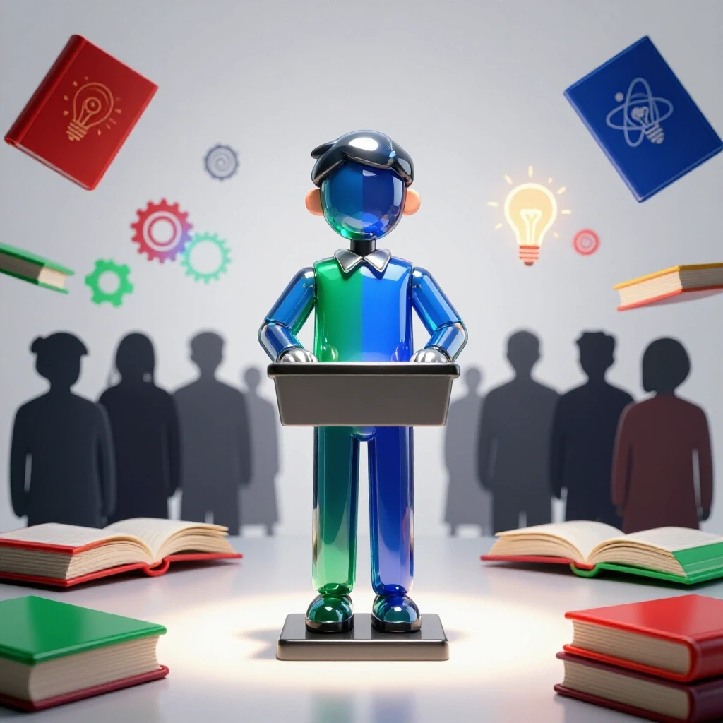 Abstract student figure at a podium under a spotlight, facing a shadowed panel with open books and swirling symbols.