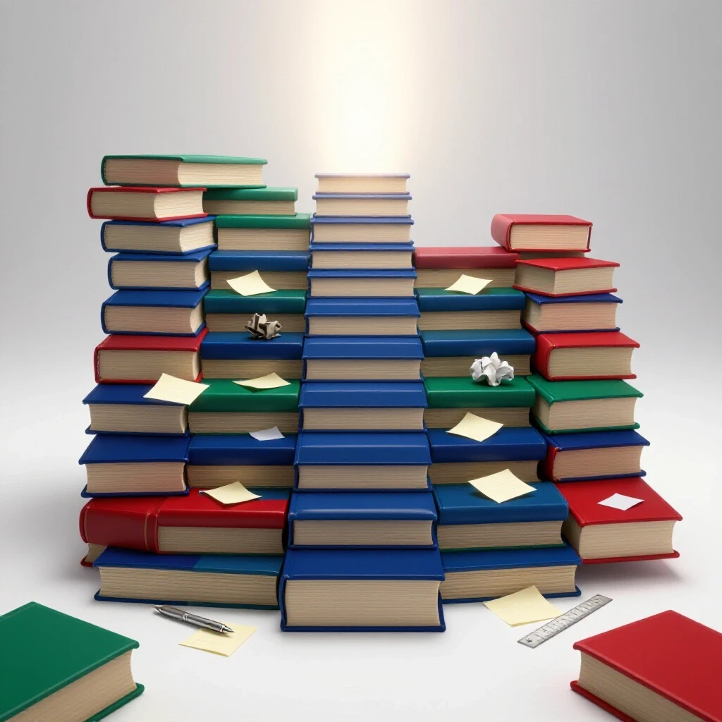 Vivid staircase of colorful oversized books leading to a glowing light, with notes and tools scattered on the steps.