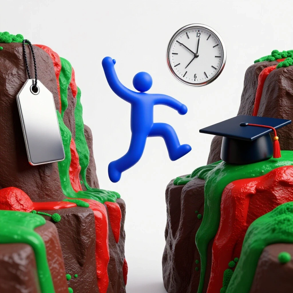 Abstract figure leaps across a gap from a price tag cliff to a graduation cap cliff with a prominent clock behind.