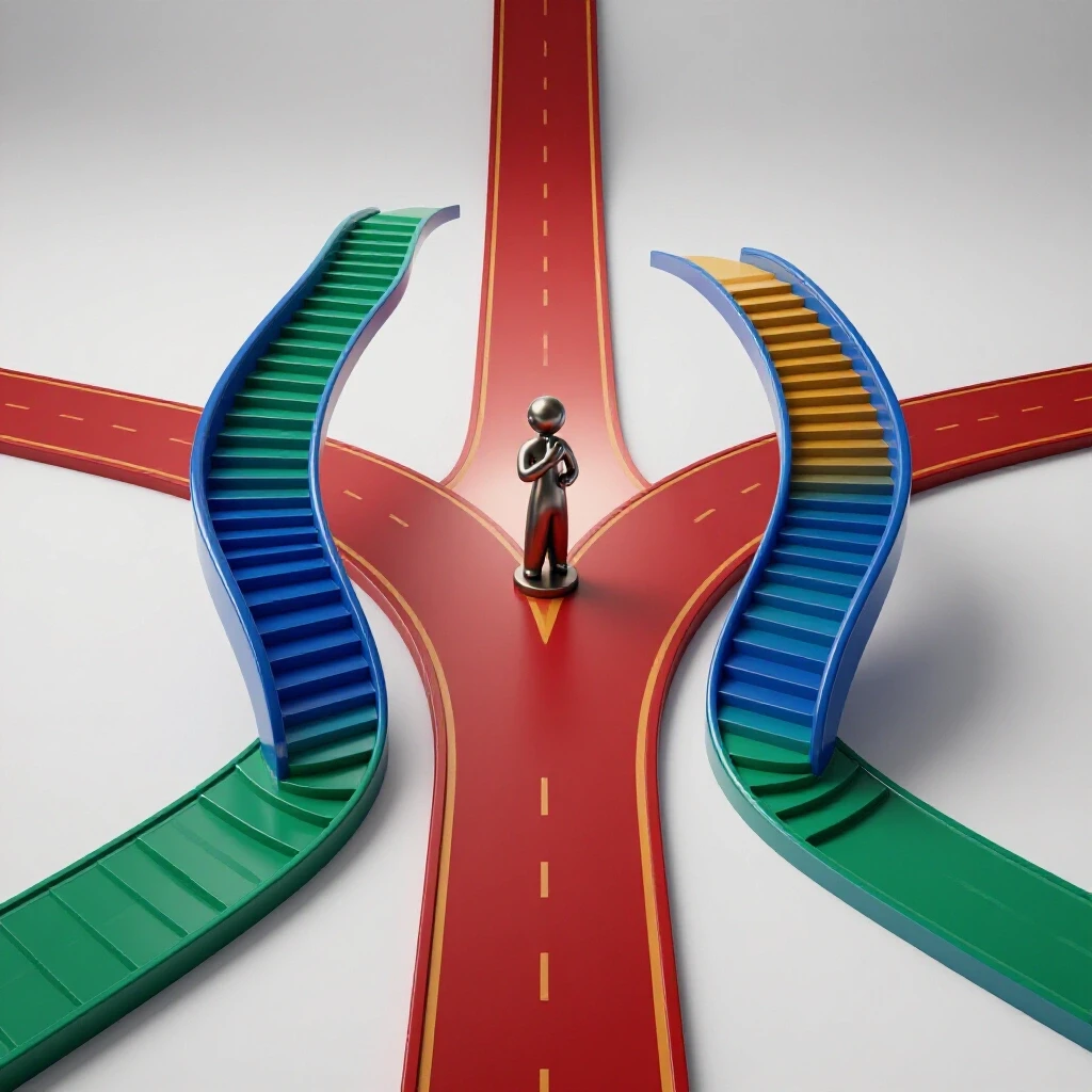 Crossroads with vibrant staircase and luminous path symbolizing master's and bachelor's degree options