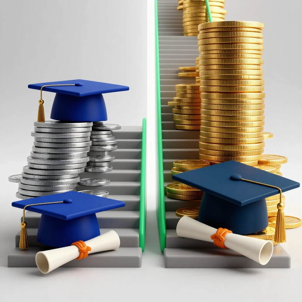 Split scene showing bachelor’s diploma and modest coin staircase beside master’s diploma with taller gold coin staircase both leading toward bright horizon.