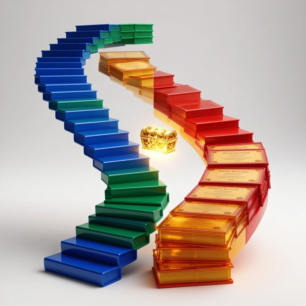 Split scene showing diplomas as stairs and certificates as stepping stones, both leading to a glowing treasure goal.