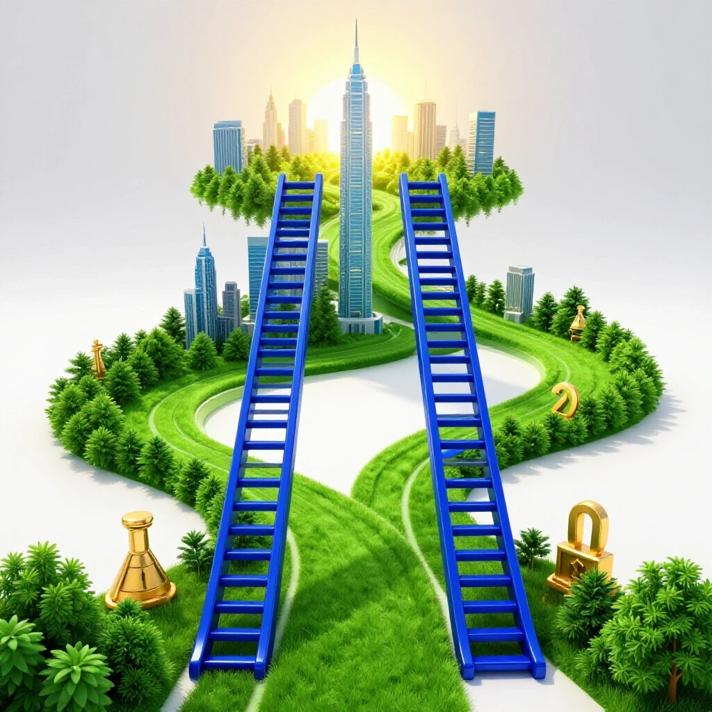 A split pathway featuring a career ladder to a city skyline on one side and a winding academic path with laurels and research symbols on the other.