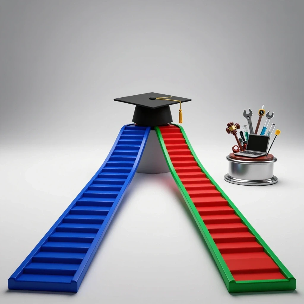 Two split pathways, one leading to a graduation cap atop stairs, the other to a podium with diverse career tools on a bright white background.