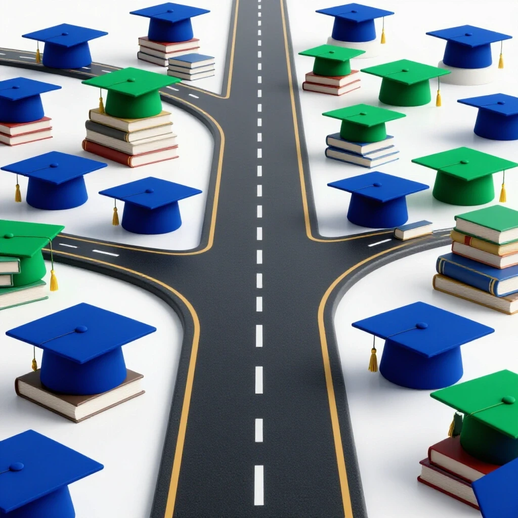 A bright main academic road splitting into a smaller path with vivid graduation caps and books on each route.
