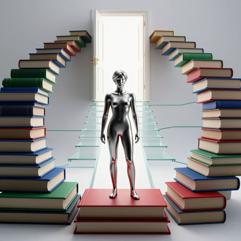Person stands before a staircase of colorful books leading to a glowing university door, symbolizing growth and opportunity