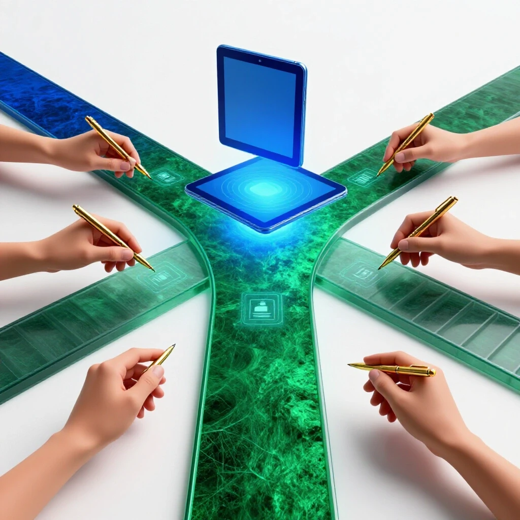 A crossroads scene with glowing digital tools and supportive hands on one path, fading uncertainty on another, set on a bright white background.