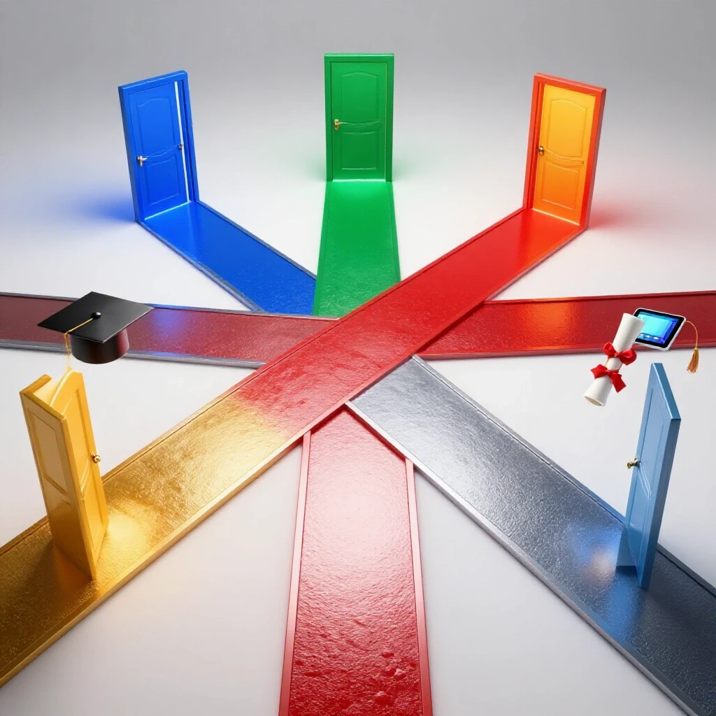 Vivid crossroads with radiant colored doors and academic symbols representing different education paths