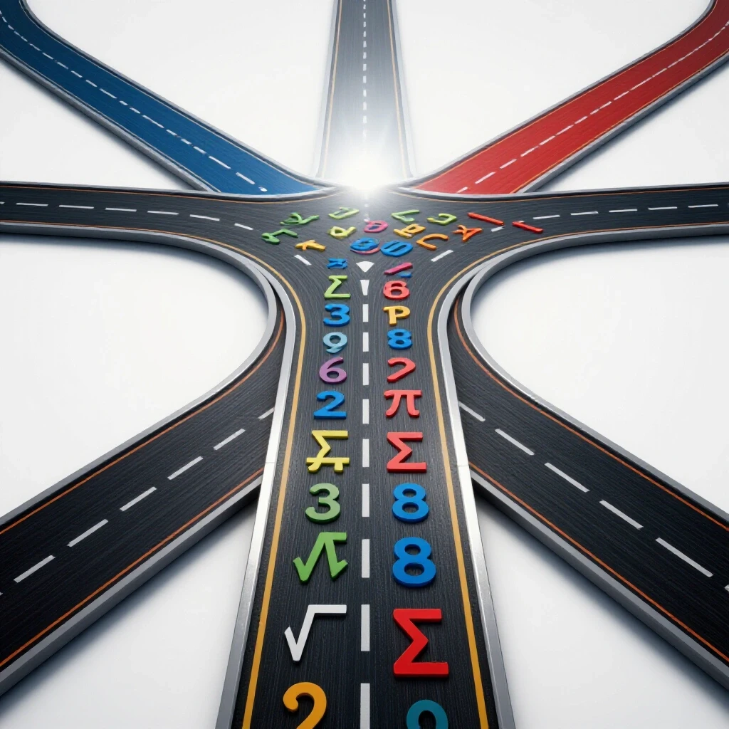 A crossroads with a bright path of mathematical symbols leading to a glowing horizon, surrounded by fading side paths on a luminous white background.