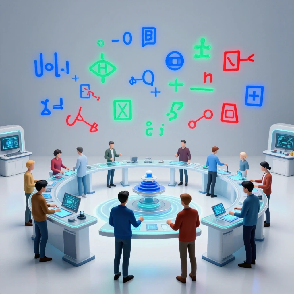 Futuristic math laboratory with glowing equations, interactive workstations, and vivid color contrast.