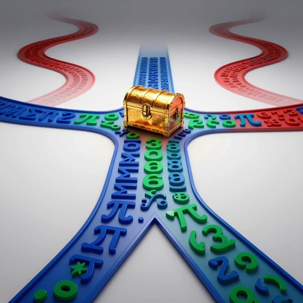 A crossroads featuring a vivid path of mathematical symbols leading to a gleaming treasure chest, with other fading paths diverging away.