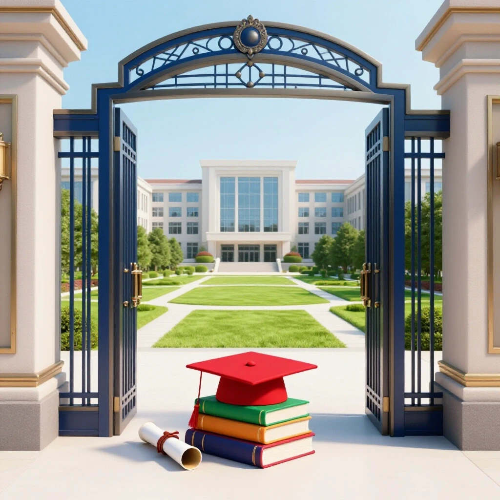 Ornate gateway opening to a bright modern campus, with academic cap, scroll, and vibrant books at center.