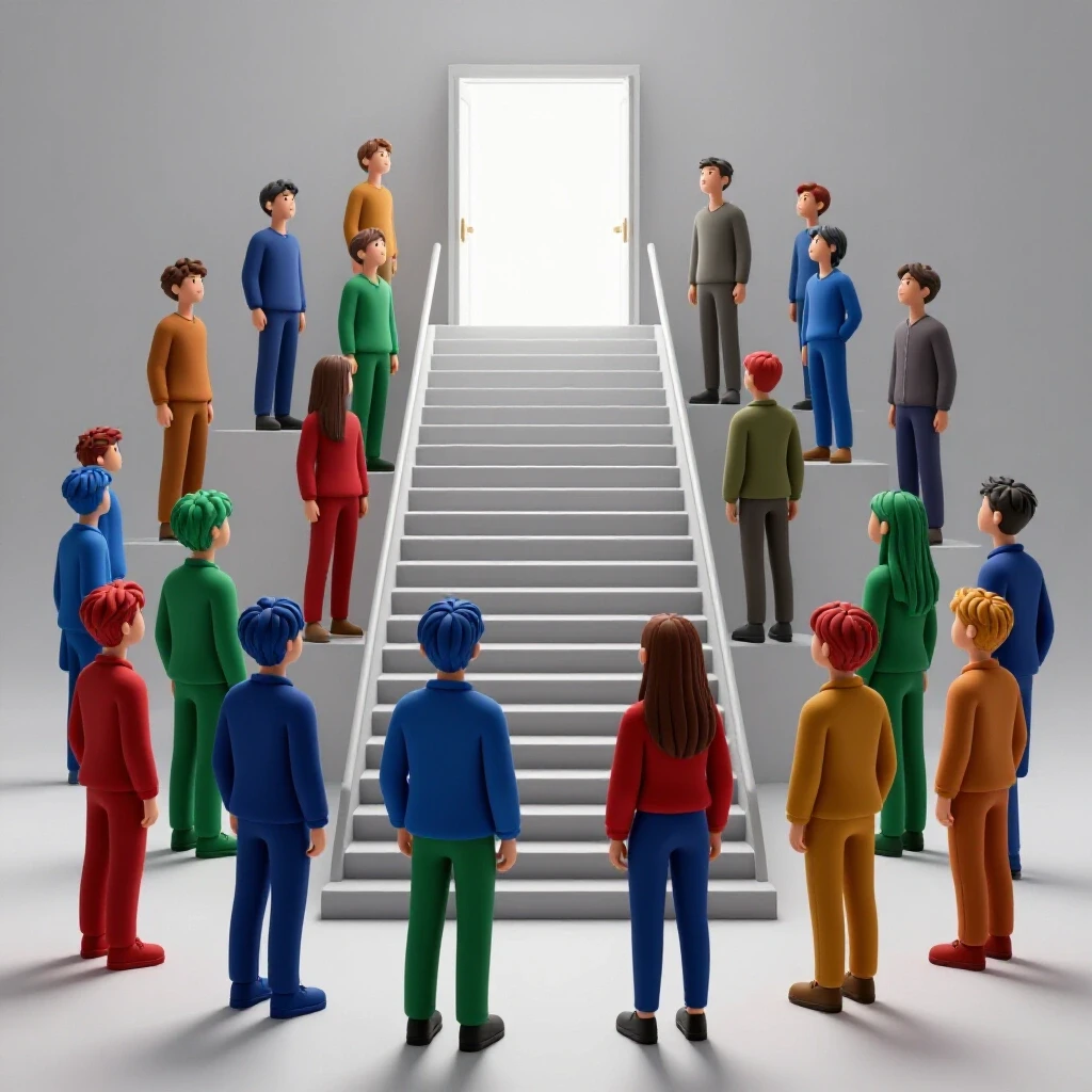A group of diverse students stands before a grand staircase ascending to a bright open doorway, symbolizing opportunity.