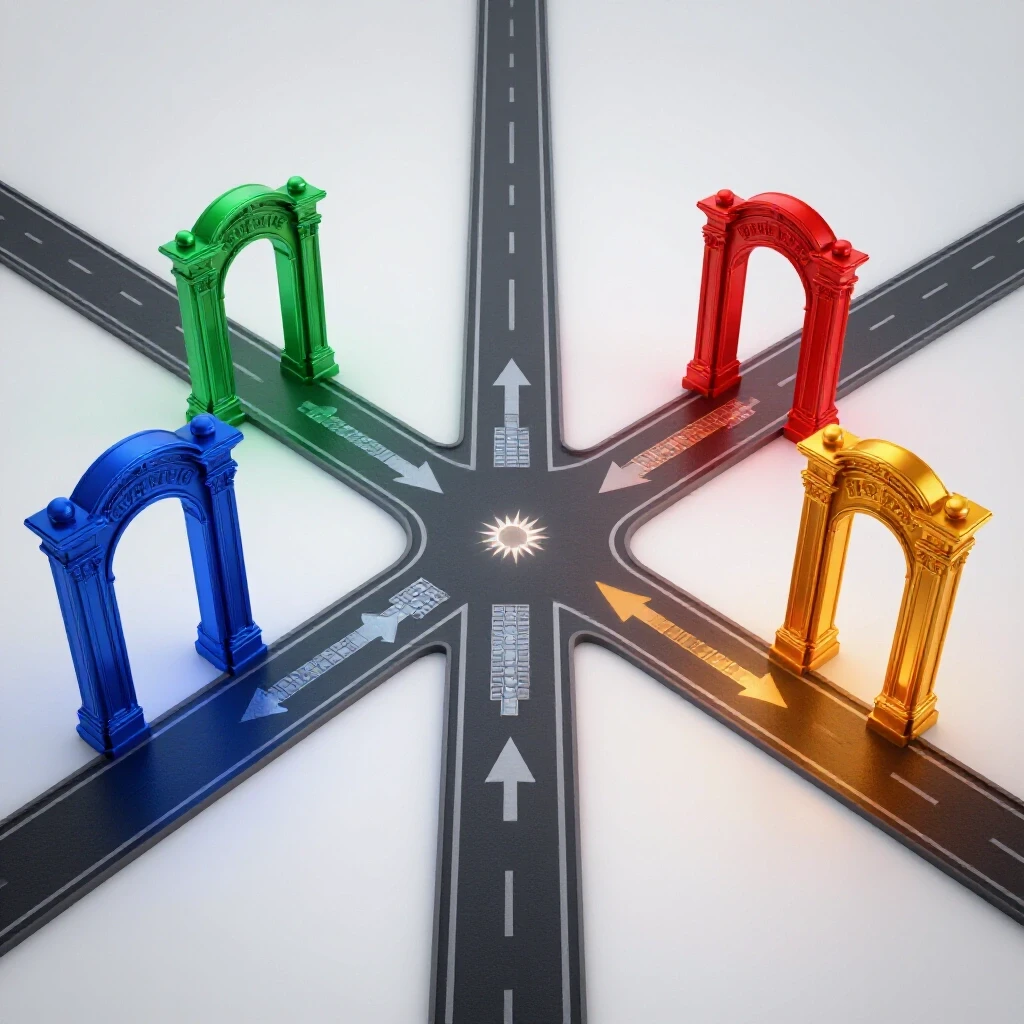 A crossroads with deeply colored metallic gateway arches, each representing a unique educational path, under bright lighting on a clean white background.