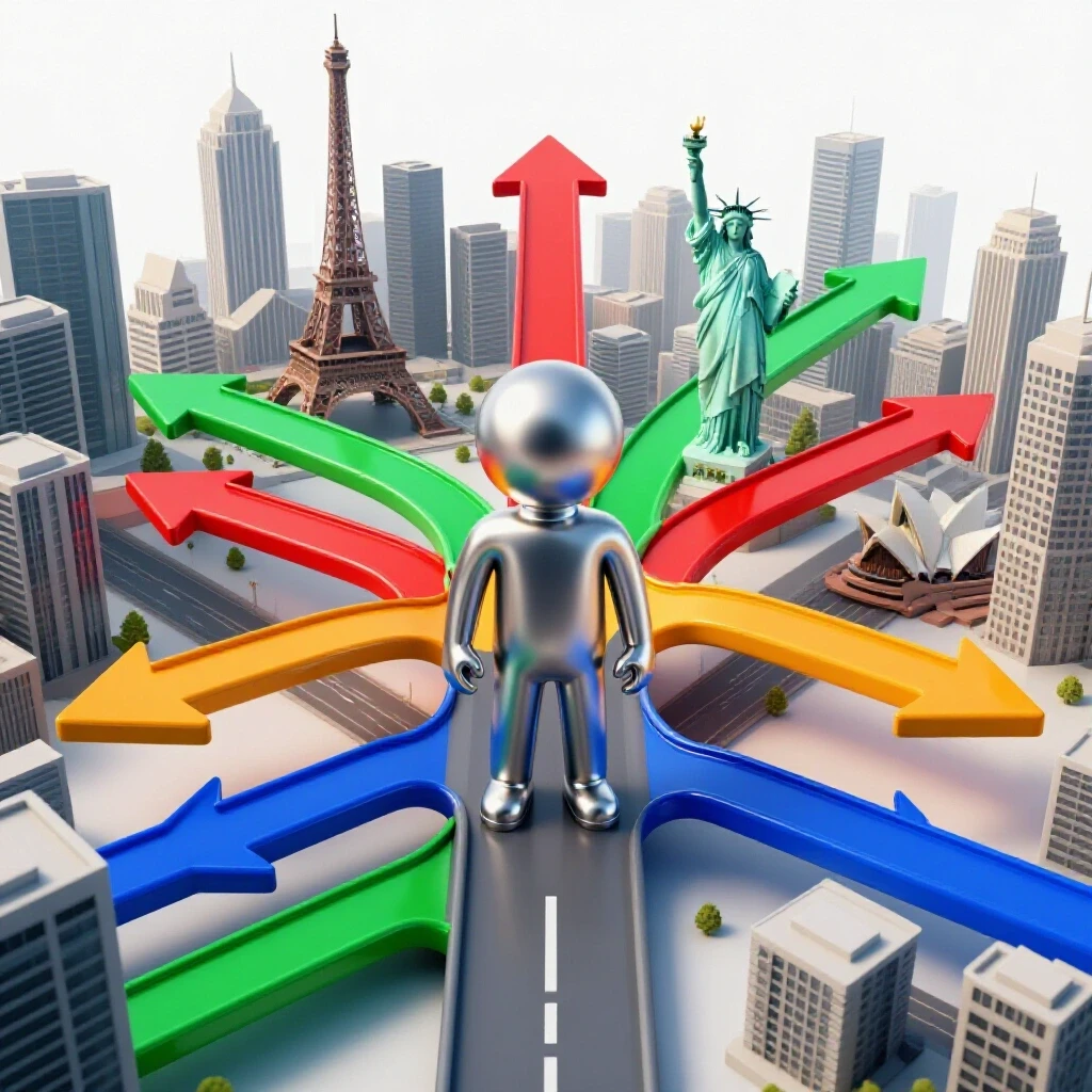 Confident metallic figure at a crossroads with colored arrows overlooking a city skyline with global landmarks.