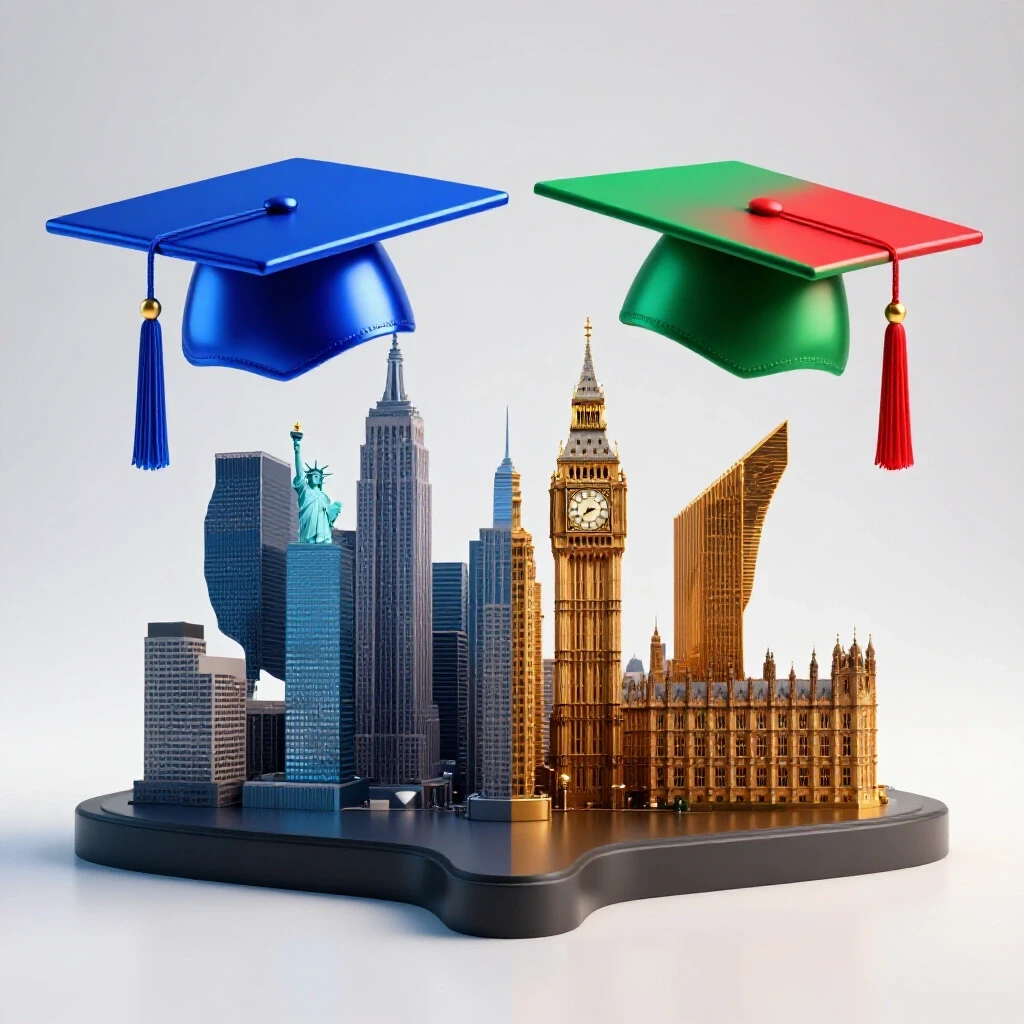 Split scene with US and international skylines separated by divergent graduation caps on a bright, clean background.