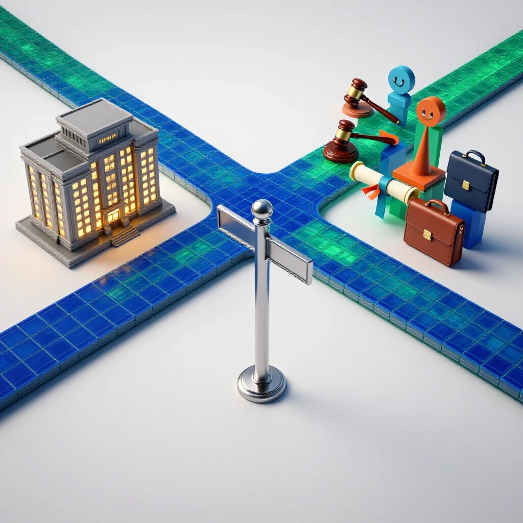Two vibrant career paths diverge from a central crossroads signpost, leading to a glowing business school and diverse professional icons.