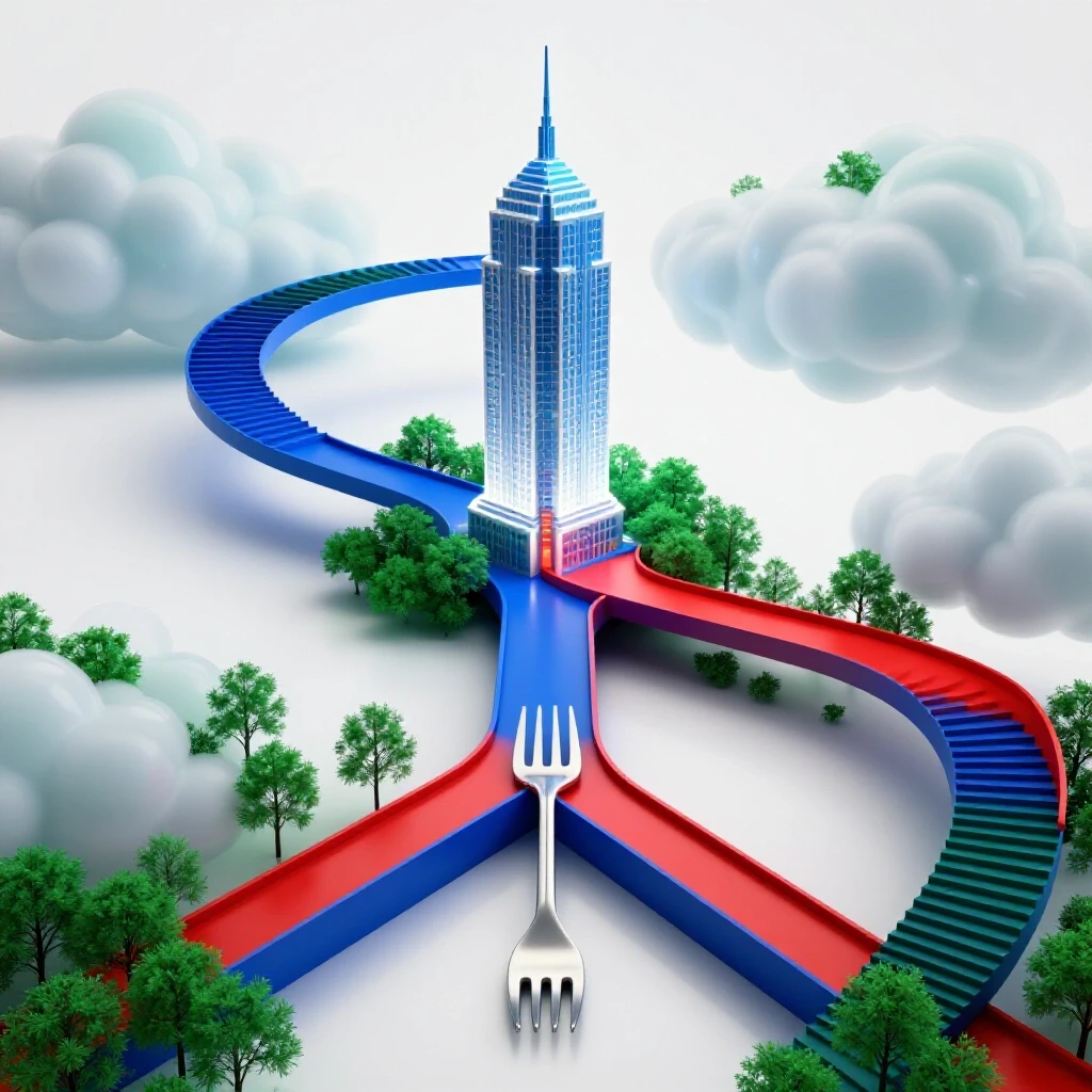 A central forked path splits toward a glowing skyscraper and a winding staircase ascending into bright clouds.