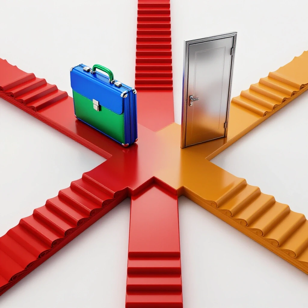 Sleek 3D crossroads with diploma stairs leading up to a briefcase and a closed metallic door on separate paths