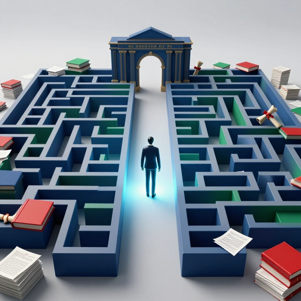 A vibrant maze of academic symbols and paperwork leads to a shining campus archway, symbolizing the MBA journey.
