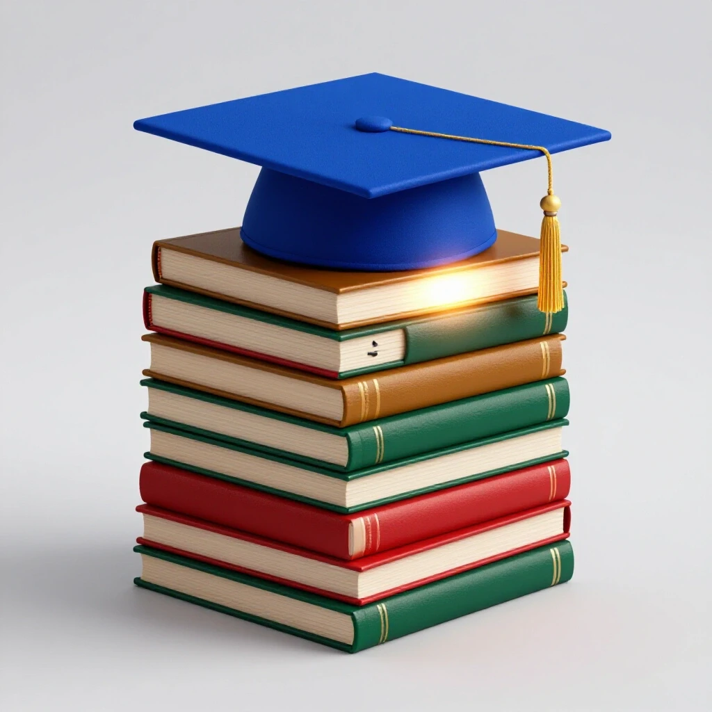 Graduation cap atop stack of colorful books with one central glowing book, symbolizing the MBA's importance.