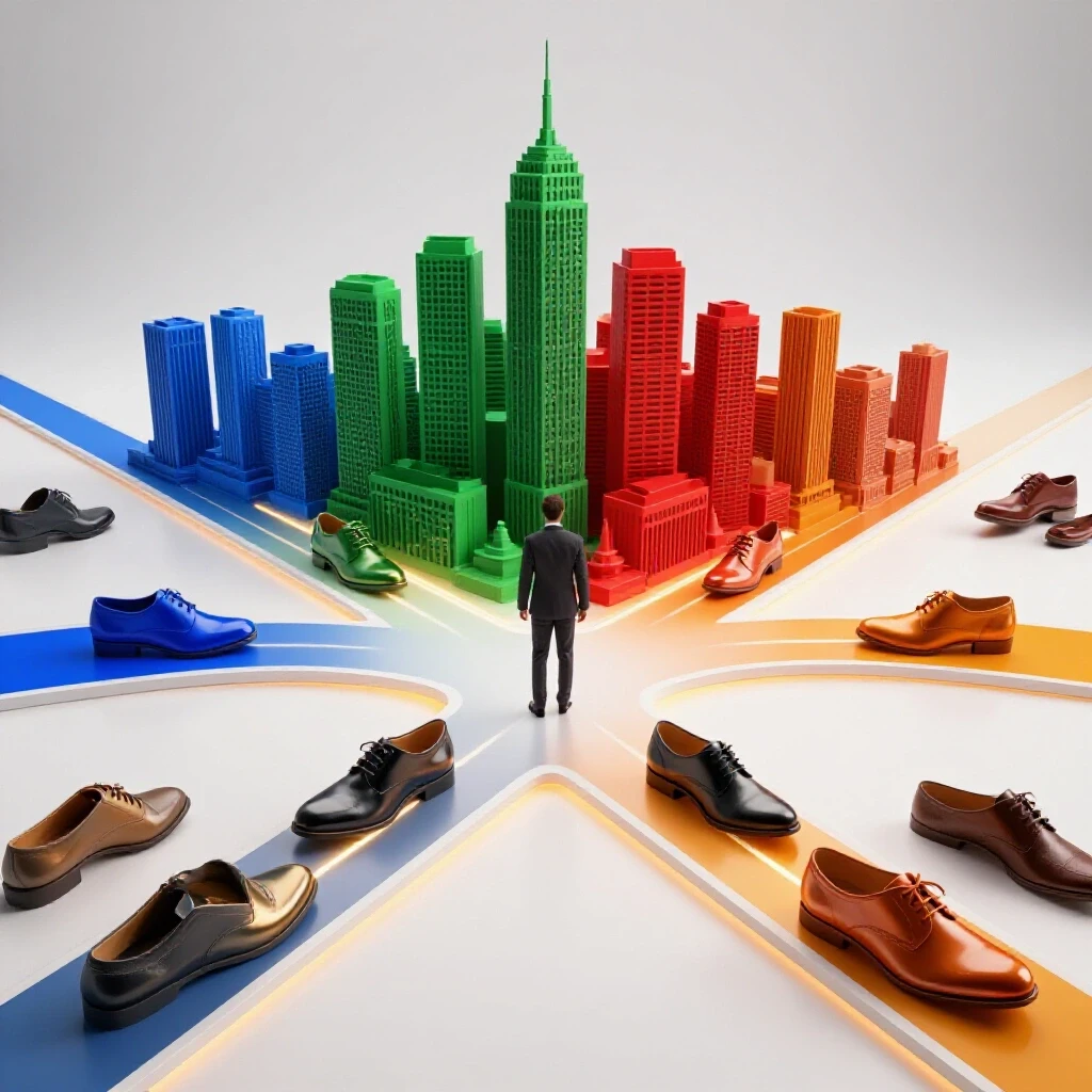 Glossy business shoes stepping onto diverging, brightly lit paths toward vibrant city skylines, symbolizing MBA career options.