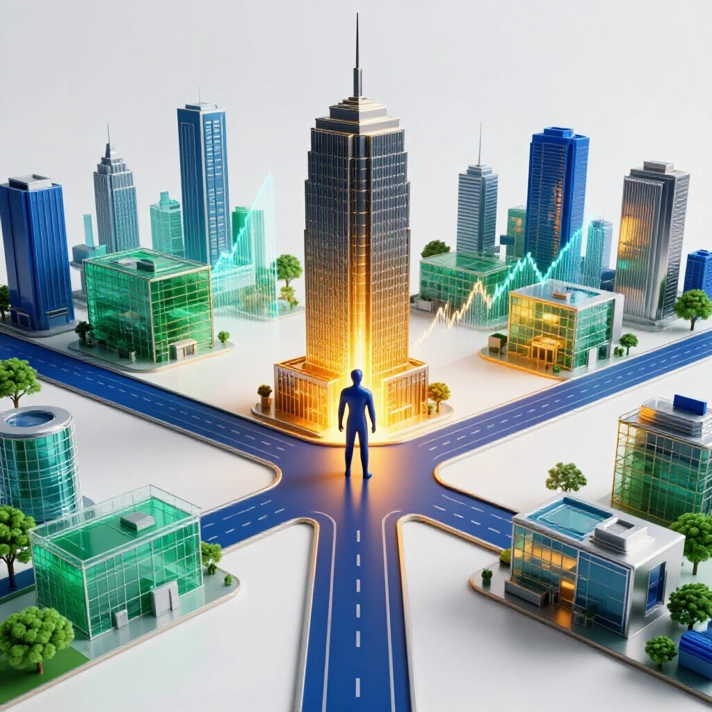 Abstract crossroads with paths toward a skyscraper and modern workspaces amid financial graph backdrops