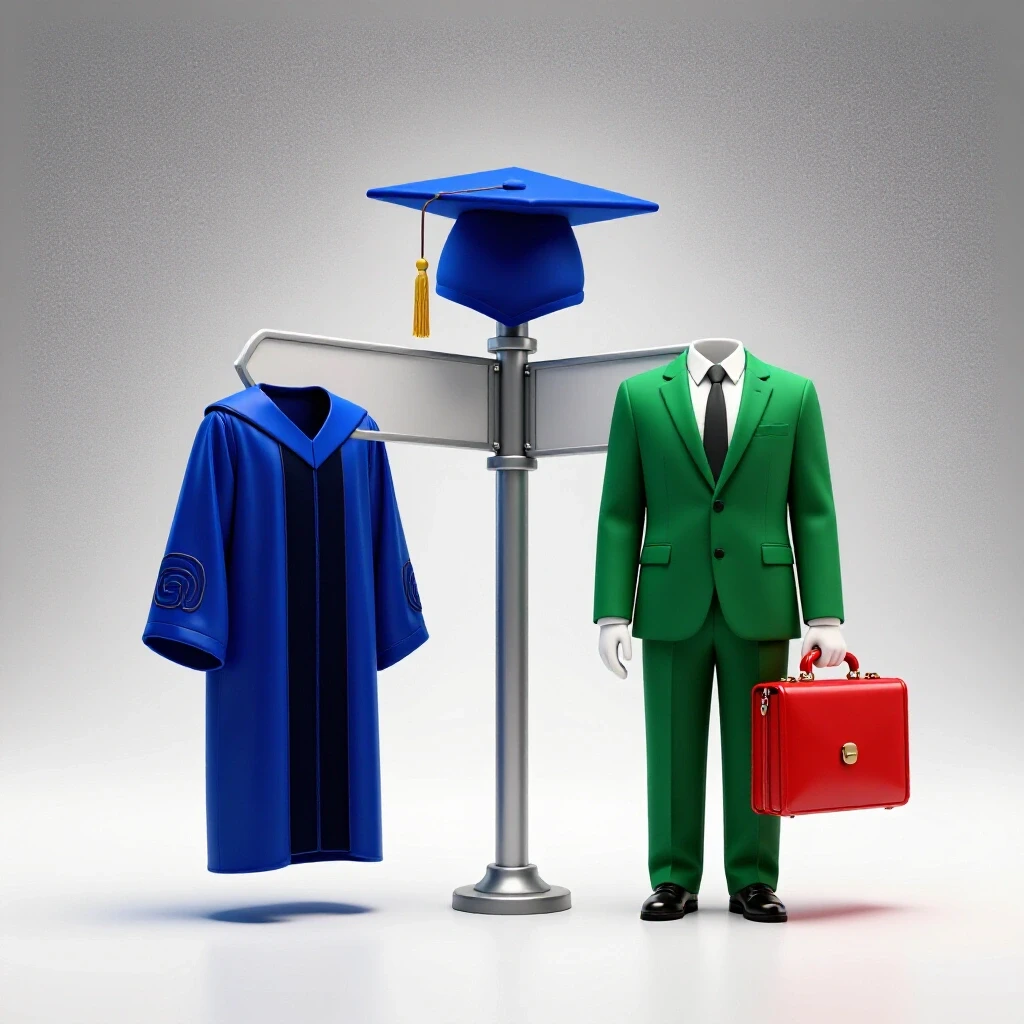 Crossroads with a graduation cap and gown on one path and a business suit with briefcase on the other highlighting career choices