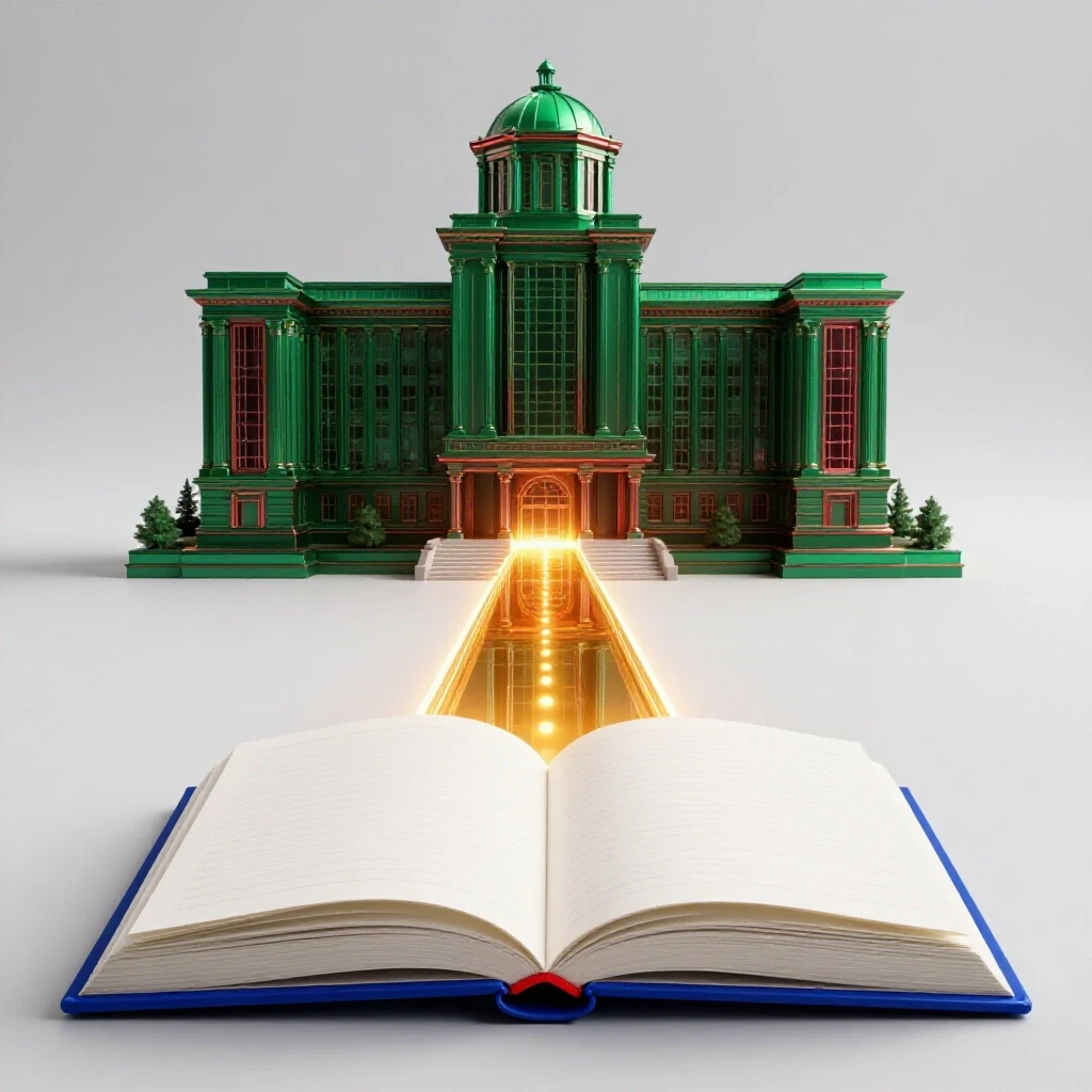Glossy open notebook with a glowing path leading toward a prestigious university building on a bright background.