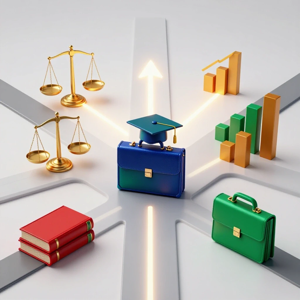 Central crossroads with MBA cap, lawyer briefcase, legal and business symbols, upward glowing light on bright background.