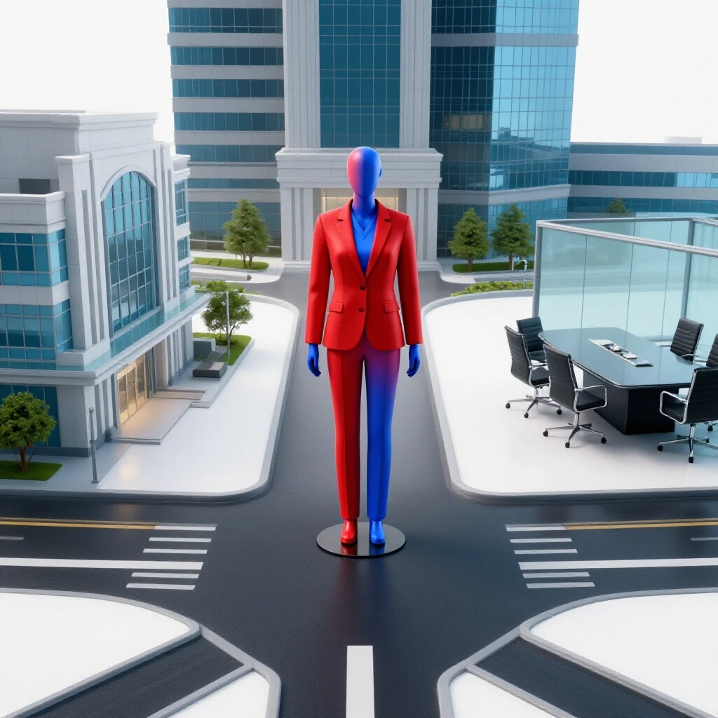Two crossroads paths leading to a hospital and a corporate boardroom, central figure transitions from medical scrubs to a business suit.