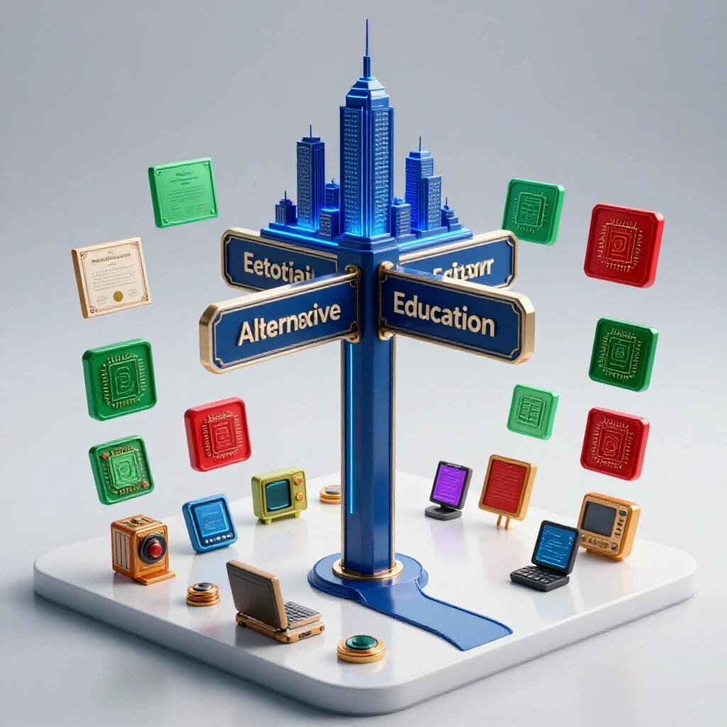 Glossy 3D crossroads signpost points toward a futuristic AI city and diverse alternative learning symbols on a bright background.