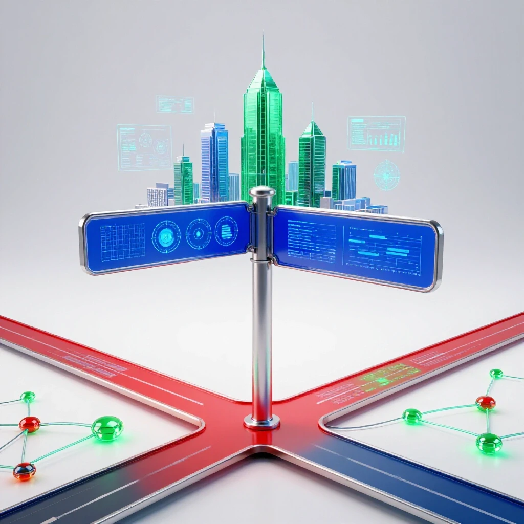 Glossy signpost at a crossroads, leading to a futuristic cityscape and a radiant data network, symbolizing MBA in Analytics career options.