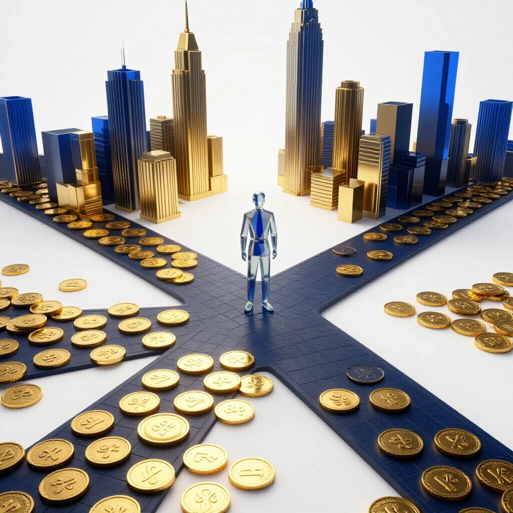 A crossroads with one path covered in gold coins leading to a city skyline and another path fading into uncertainty, with an abstract figure at the intersection contemplating both routes.