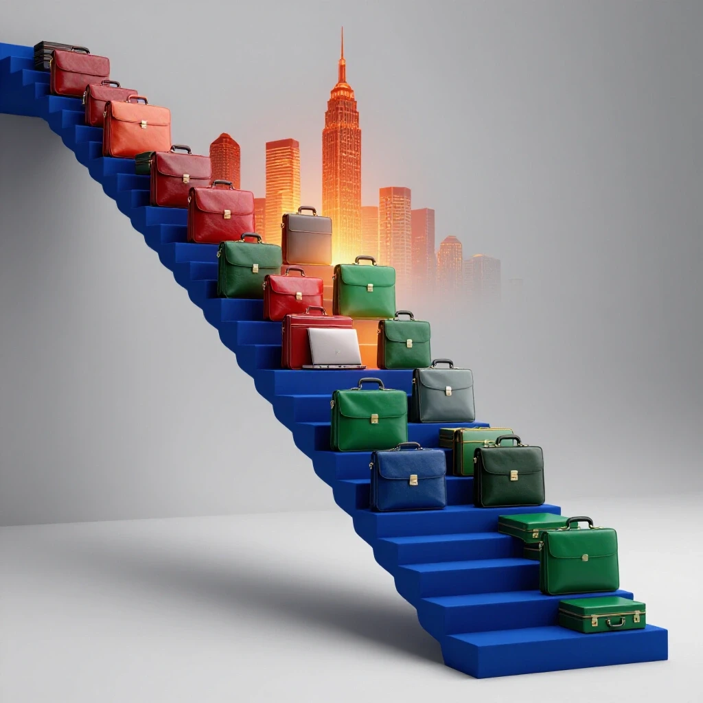 Stacked briefcases forming a staircase ascending toward a glowing city skyline, symbolizing career growth and advancement