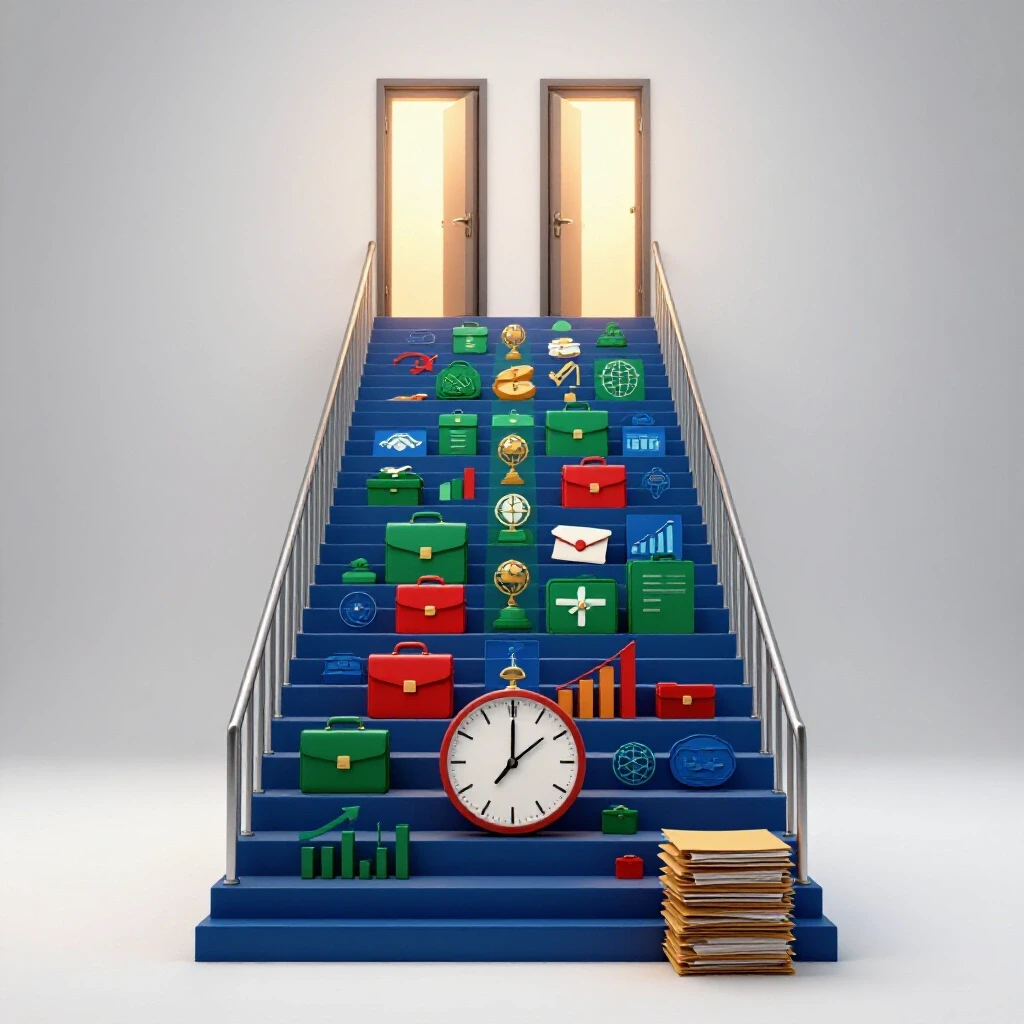 Stacked business icons form a colorful staircase leading to glowing doors, symbolizing a career path to MBA admission at age 30.