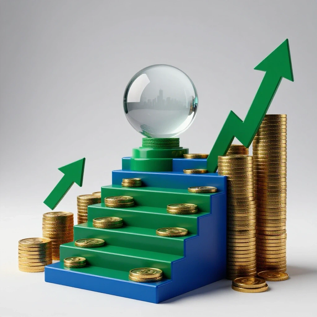 Upward staircase of gold coins and graph arrows leading to a crystal orb with a city skyline in the background, symbolizing MBA salary growth.