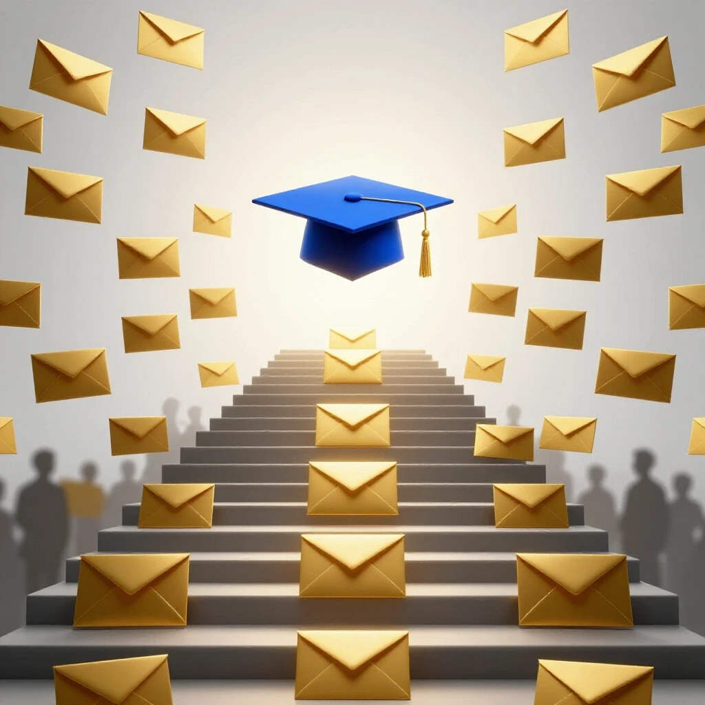 Golden scholarship envelopes form a staircase leading to a radiant graduation cap on a bright background.